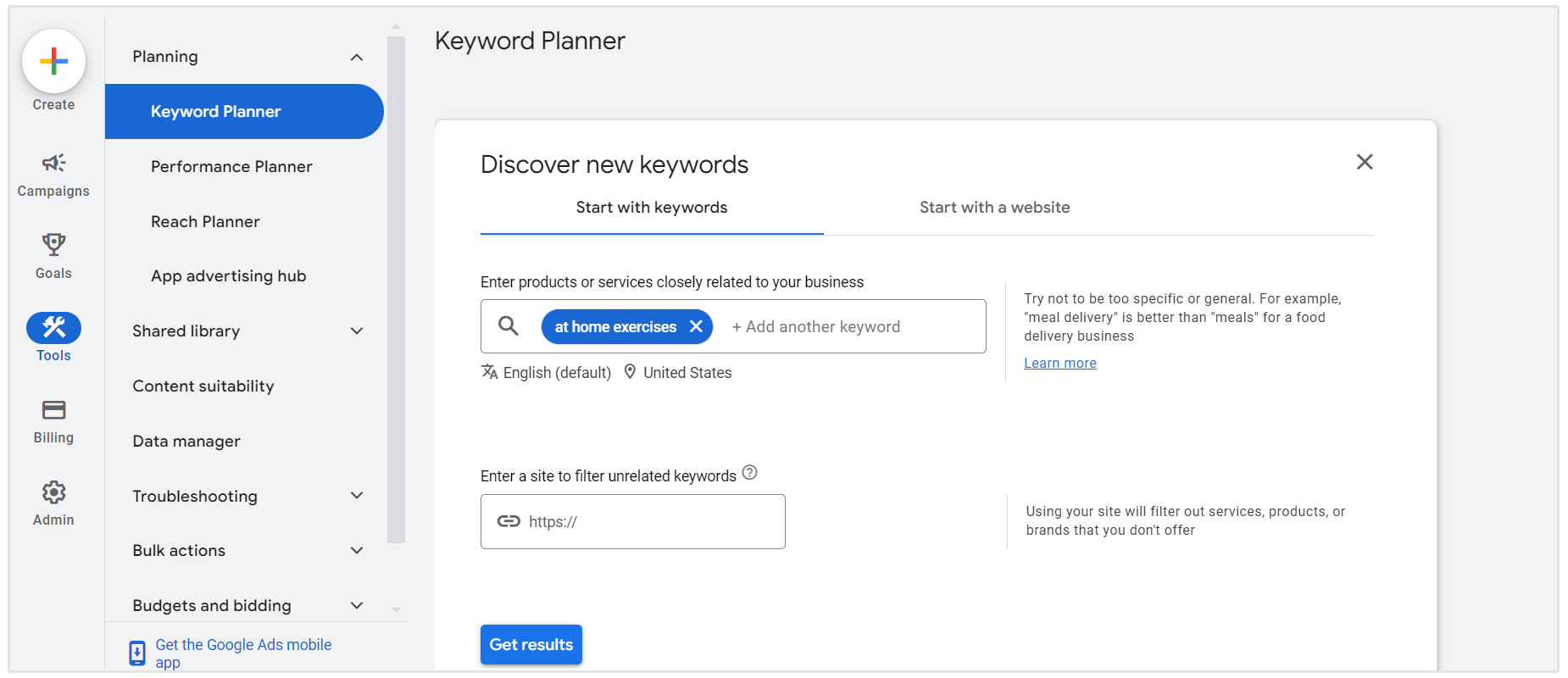 exercices à domicile google keyword planner